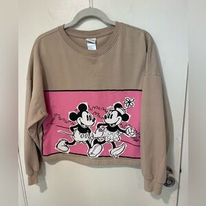 Disney Mickey Minnie Mouse Cropped Sweatshirt Womens Beige Pink Top sz L